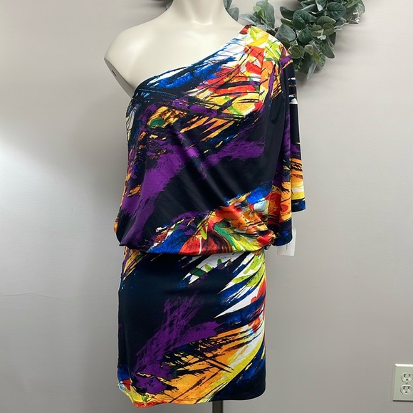 NWT Jessica Simpson One Shoulder Draped Mini Dress Multicolored Abstract S - Picture 1 of 16